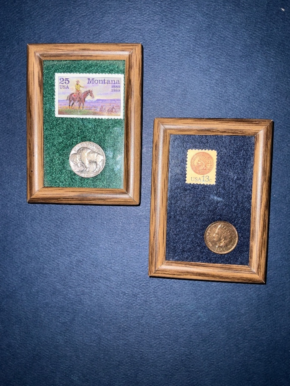 Vintage US Heritage Framed Coin & Stamp Set - Buffalo Nickel & Indian Head Penny